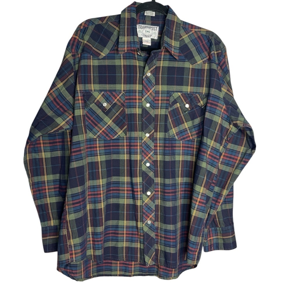 Vintage Trading Post Plaid Lightweight Long Sleeve Western Snap Button Shirt, L